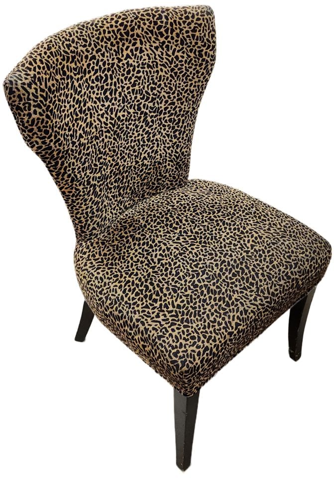 Stylish contemporary modern accent side chair upholstered with great leopard print fabric: Stylish contemporary modern accent side chair upholstered with great leopard print fabric Reserve: $100.00 Shipping: Domestic: Shipping rates are determined by destination International: Foreign shipp