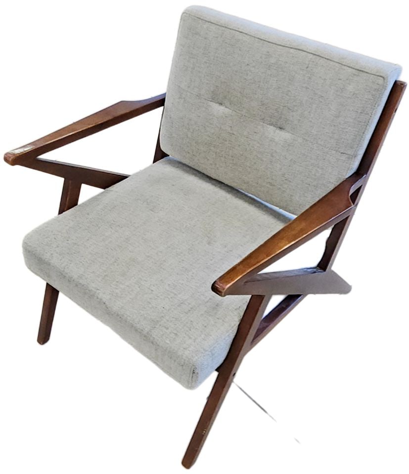 Vintage Hi-End Re-Creation of Iconic Danish Modern 'Z' Lounge Chair Originally Designed by Poul: A stylish addition to any room. It has a wooden frame and is upholstered in light gray textured fabric. Very comfortable seating at just the right angle. Reserve: $350.00 Shipping: Domestic: Shipping 