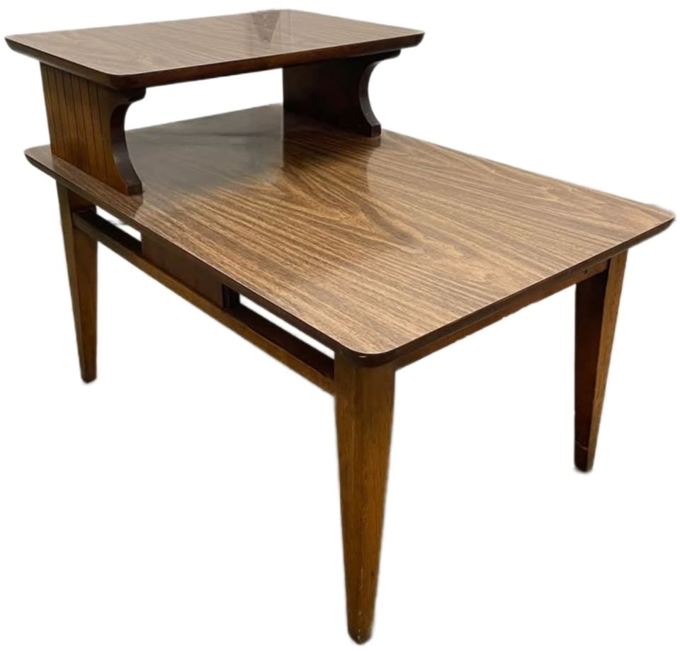 Pair of 1960s Mid-Century Modern walnut two-tier step side tables by Lane Furniture as so marked.: These iconic pieces of furniture are Mid-Century Modern two-tier "step" end tables, manufactured (as imprinted on the table), by Lane Furniture (Altavista, VA) in the 1950s or early 1960s. Specificall