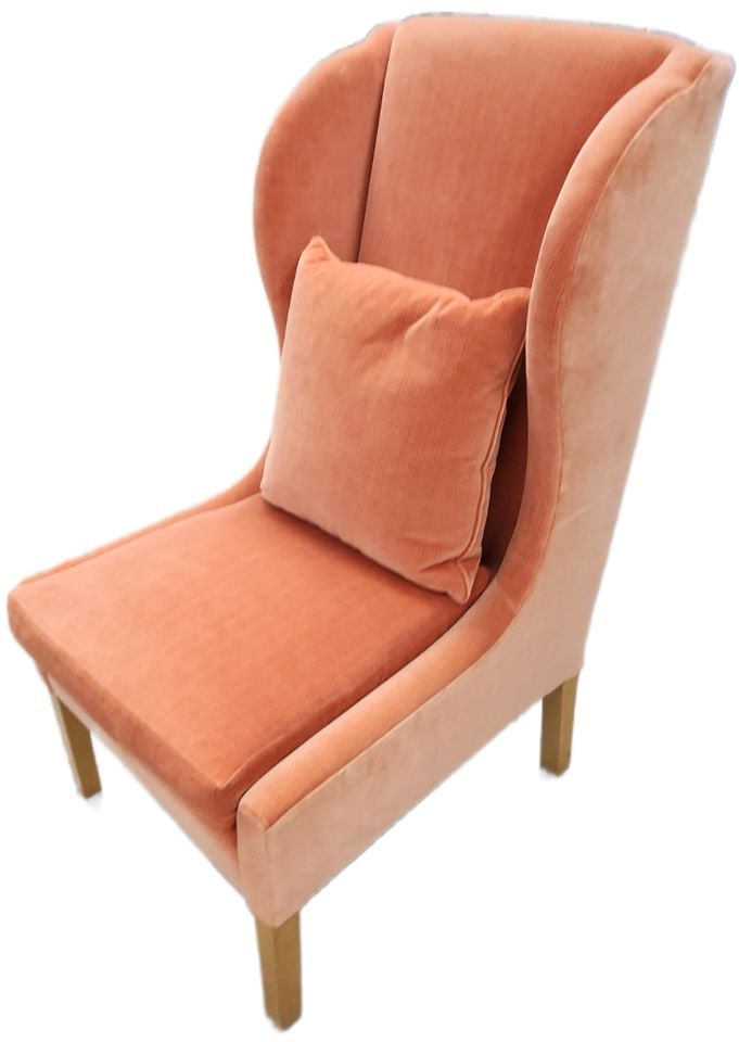Vintage deco hi back upholstered accent club chair w/ distinctive orange velvet fabric: Vintage deco hi back upholstered accent club chair w/ distinctive orange velvet fabric Reserve: $300.00 Shipping: Domestic: Shipping rates are determined by destination International: Foreign shipping