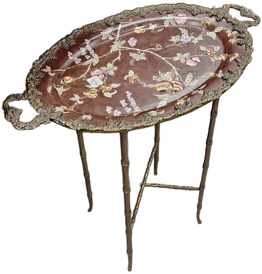 Antique Castilian Ceramic Hand-Painted Tray Table w/ Bronze Gilded Trim, Handles & Faux Bamboo Base. (1 of 1)