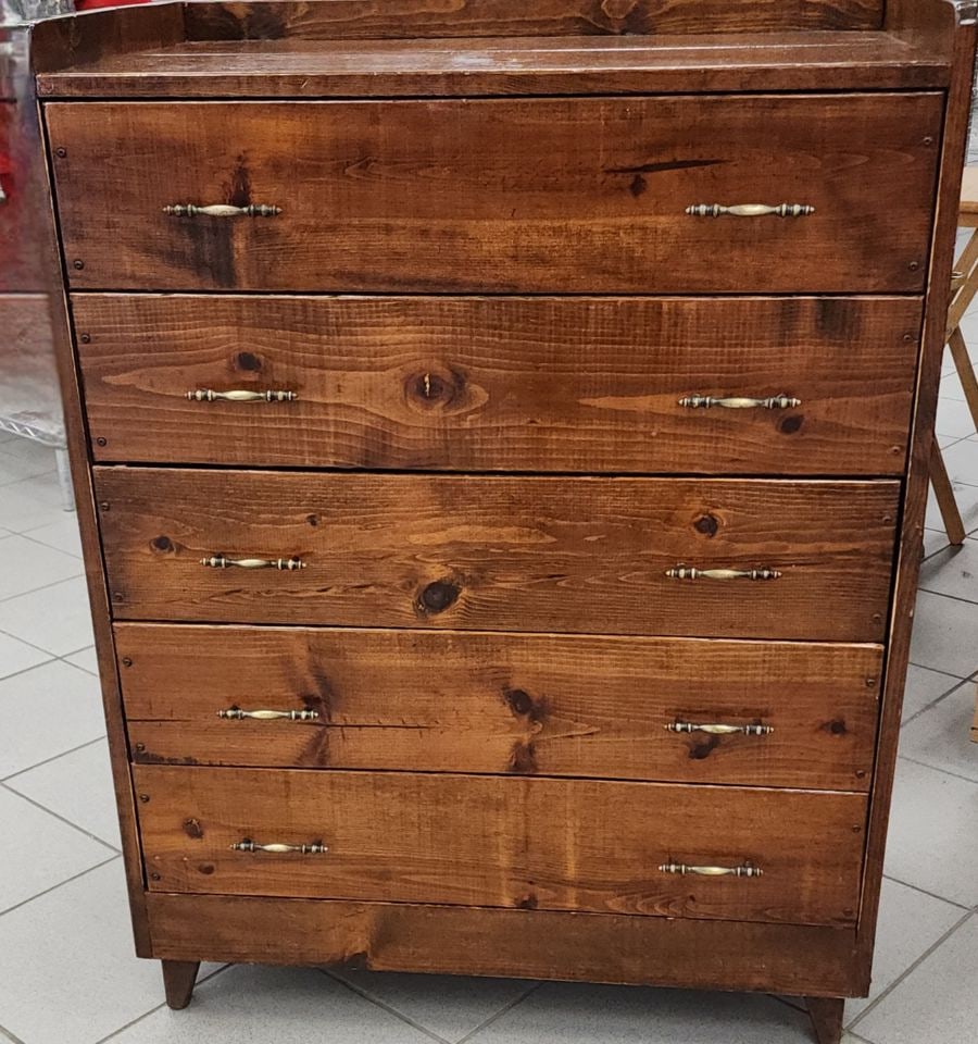 Vintage country rustic 5-drawer dresser w/ lacquer finish and solid hardwood construction. (1 of 7)