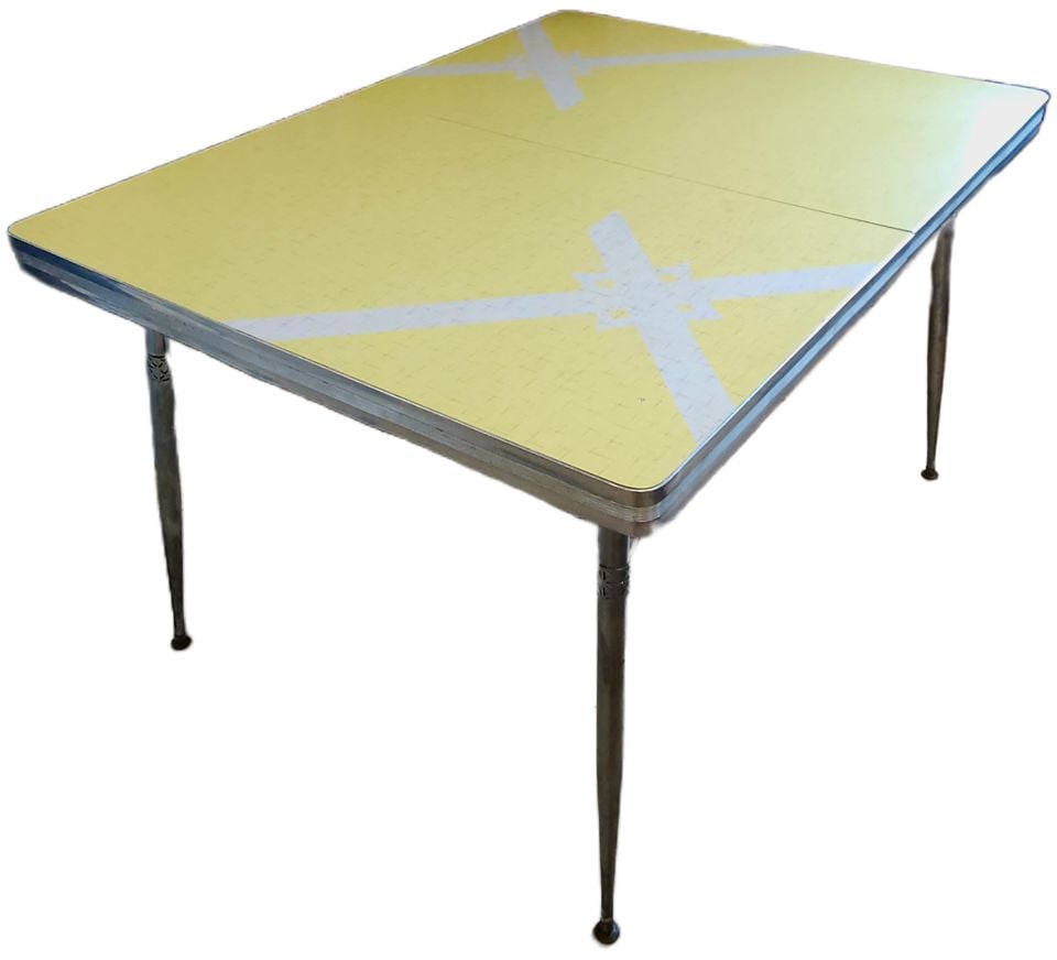 Large Retro Mid-Century Modern formica & chrome dinette table. Circa 1959. Great yellow pattern.: Large Retro Mid-Century Modern formica & chrome dinette table. Circa 1959. Great yellow pattern. 36x48 in Reserve: $150.00 Shipping: Domestic: Shipping rates are determined by destination Internationa