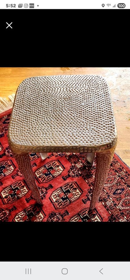 Rare Vintage Hi-Design Modernist Hammered Polished Aluminum Accent/Pedestal SideTable. 27"x11"Square: Stylish hammered metal pedestal table. (Note that yellow or gold tones in the photos are a result of the lighting. The the table has a consistent silver chrome like finish throughout.) Reserve: $200.0