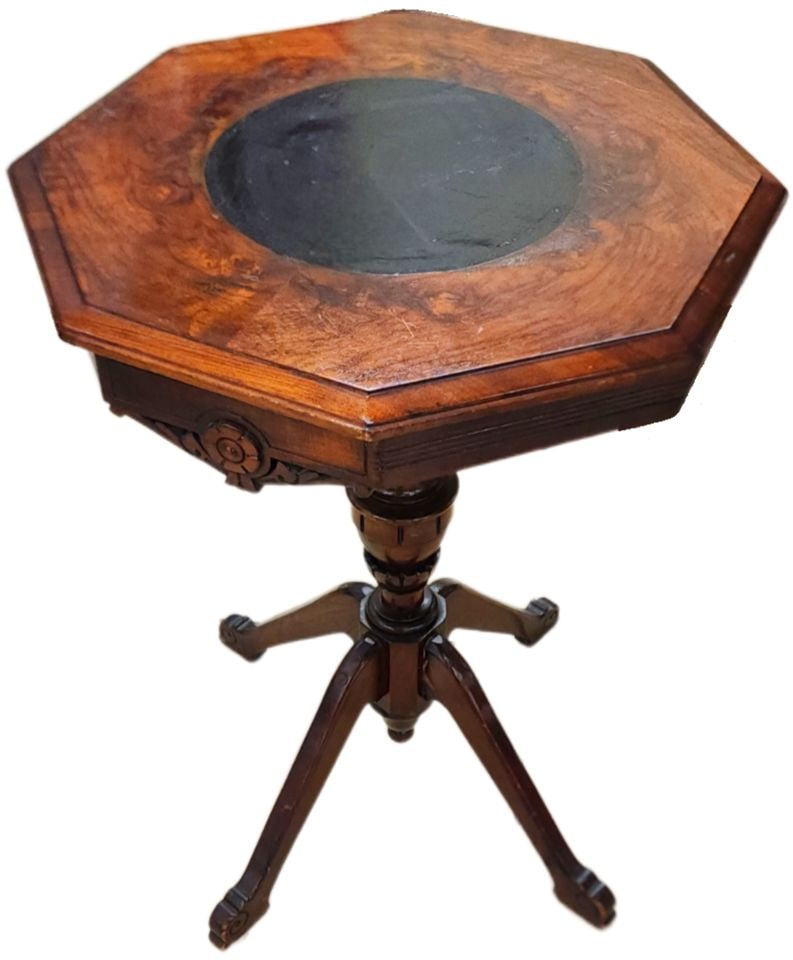 Rare antique Victorian or Regency octagonal burr walnut side table w/ ebonized wood insert 19"diam x (1 of 8)
