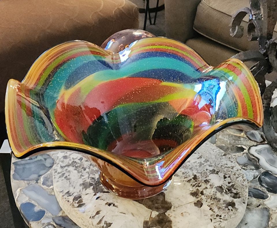 Fabulous Murano* Heavy Sculptural Rainbow-Style Art Bowl w/ Gold Flecks. 17D x 9H *Likely Origin (1 of 9)