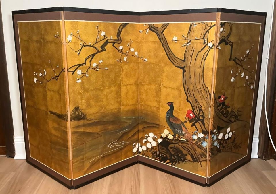 Byōbu iconic collectible vintage Japanese 4-panel hand-painted folding screen. 36h x 17.5w per (1 of 9)