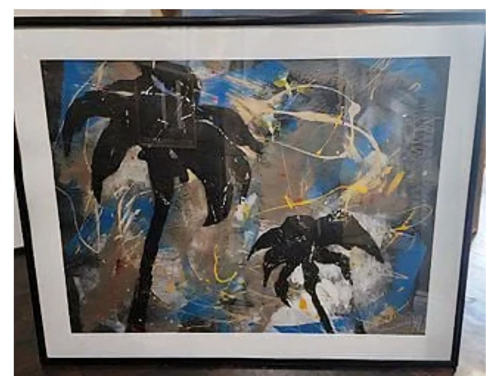 Large Vibrant Abstract Expressionist Painting of Surreal Palm Tree Landscape, Signed: This is a vibrant abstract expressionist painting featuring two dark, stylized palm trees against a background of blue, grey, and yellow brushstrokes and splatters. This style emphasizes conveying emo