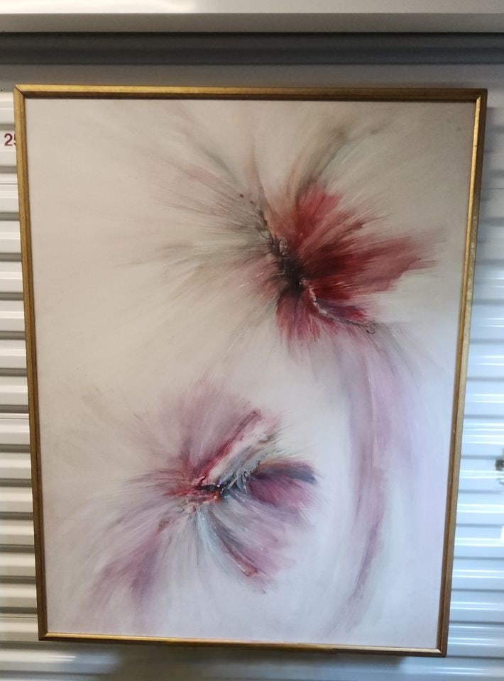 Captivating large mid-century abstract oil painting.: Captivating large mid-century abstract oil painting. Reserve: $100.00 Shipping: Domestic: Shipping rates are determined by destination International: Foreign shipping rates are determined by destinati
