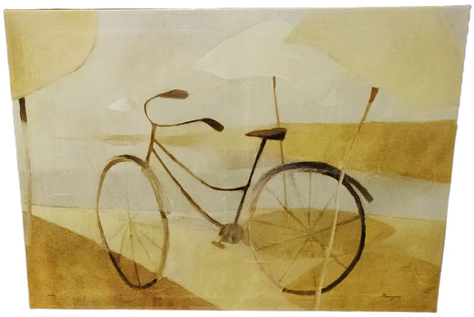 Dominguez Ltd Edition vintage oil on canvas print of painting "Seaside Bicycle" Facsimile signed.: A wonderful surreal expressionist rendition of a solitary bicycle called "Seaside Bicycle" by Miguel Dominguez, an important artist born in El Paso, Texas in 1941. Dominguez's art often reflects his c