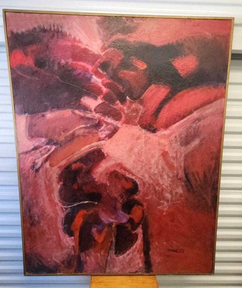 Powerful 41"x 51" mid-century abstract oil painting. Signed, Circa 1962: Powerful 41"x 51" mid-century abstract oil painting. Signed, Circa 1962 Reserve: $700.00 Shipping: Domestic: Shipping rates are determined by destination International: Foreign shipping rates are dete