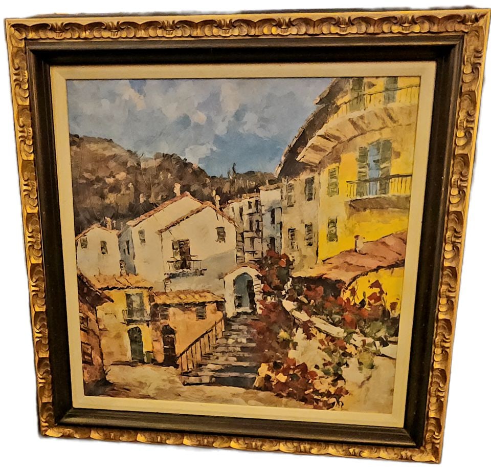 Vintage Giclee rendition of impressionist painting on board of "Port to Lucca ll" by Valenti. 36x36 (1 of 4)