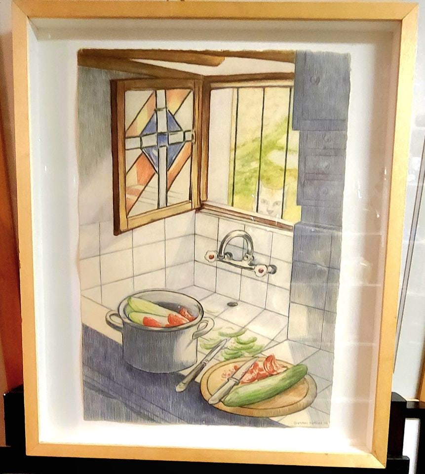 Gretchen Hatfield, Pastel Painting "Shopska Salate" Circa '06. Original Price as shown, $450.: Gretchen Hatfield, Pencil Pastel Painting "Shopska Salate" Circa '06. Original Price as shown, $450. Beautifully framed in glass covered shadow box. Reserve: $300.00 Shipping: Domestic: Shipping rates