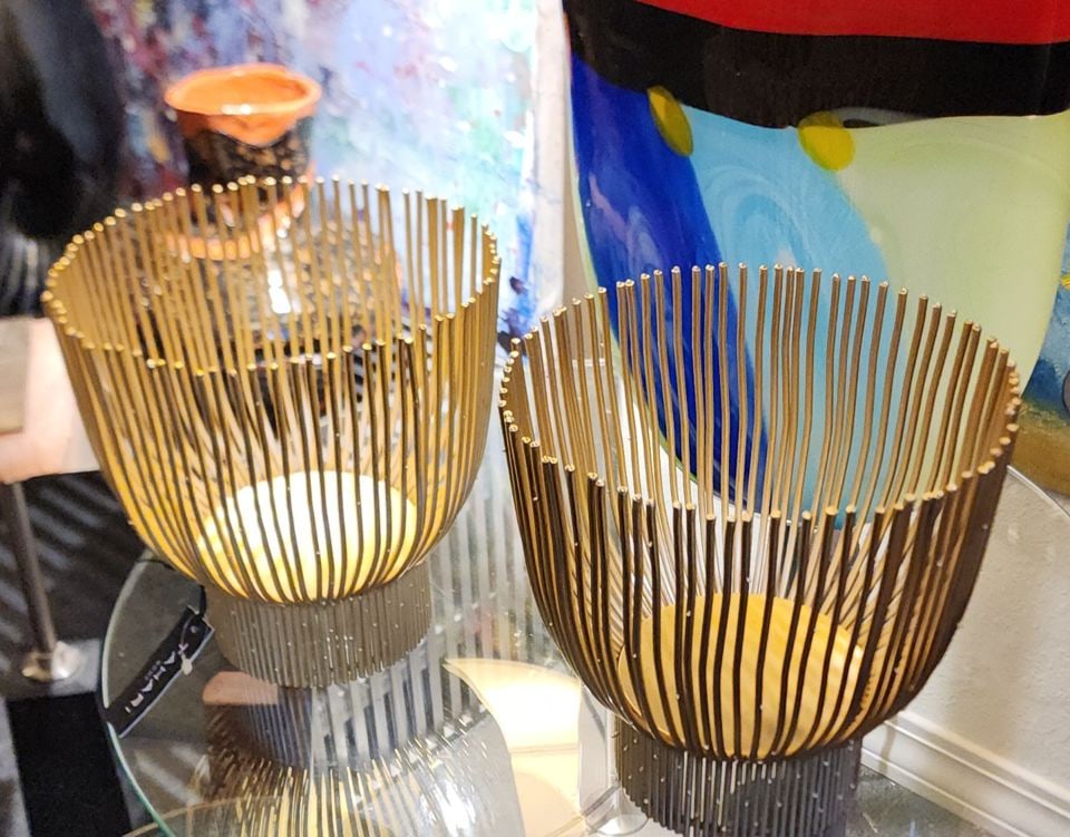 Pair of designer Eli Tahari gold finished caged wire candle holders inspired by Harry Bertoia. (1 of 8)