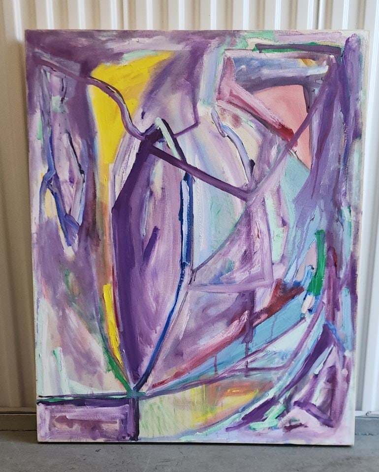 Mark Fraser-Betts 2024 postmodern vibrant 36"x40" abstract oil painting w/ bold geometric imagery. (1 of 10)