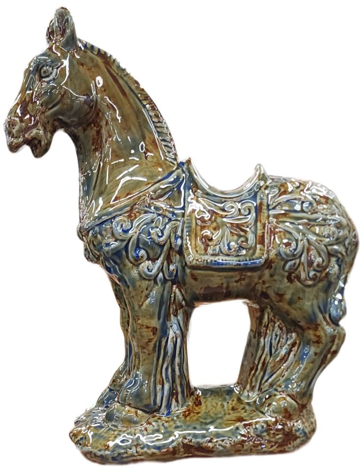 Vintage replica ceramic Tang Horse sculpture inspired by the Tang Dynasty's "Sancai" glazed pottery.: These statue sculptures often called "Tang Horses," were originally tomb figures created during the Tang Dynasty in China (618–907 AD). This is and artistic depiction of Tang Dynasty war horse s