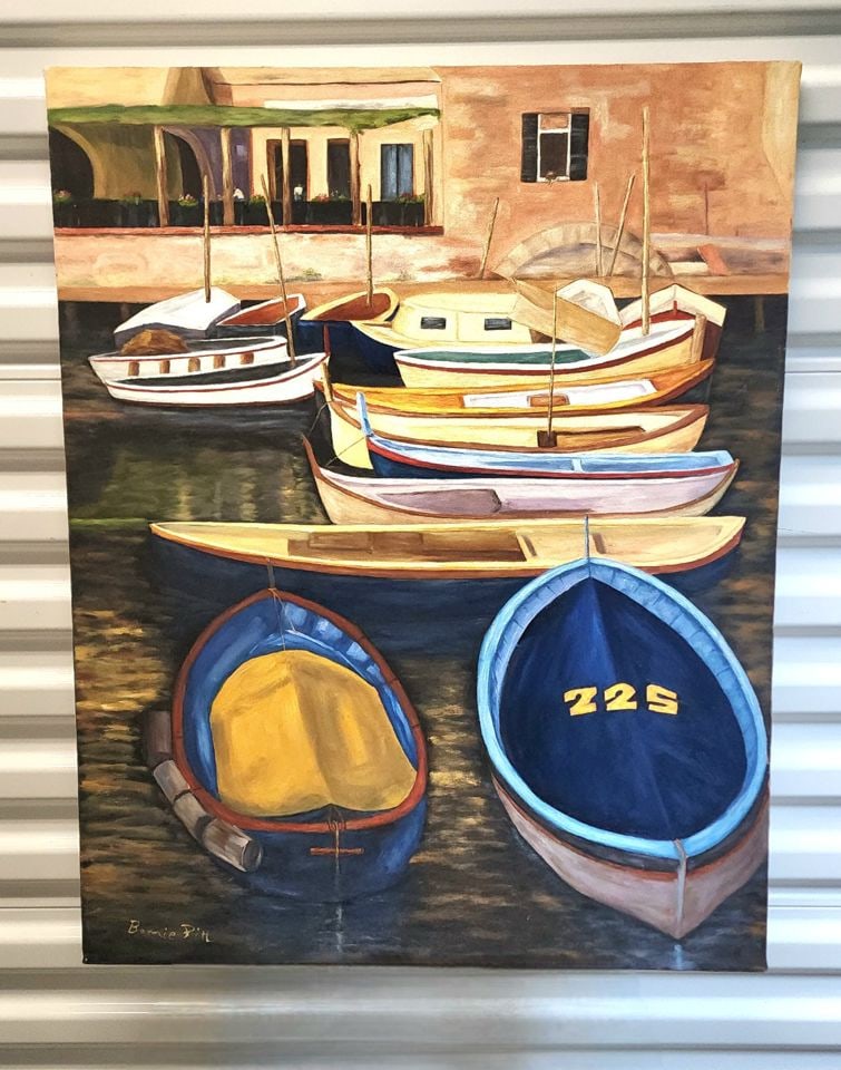 Bonnie Pitt Vintage superb nautical impressionist oil painting showing boats in harbor... Signed (1 of 4)