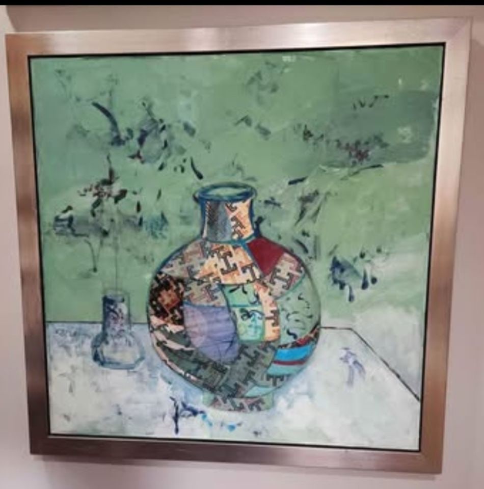 Vessel of Splendor Beatricia Sagar 2010. Incredible 36x36 post modern still life abstract mixed: Vessel of Splendor Beatricia Sagar 2010. Incredible 36x36 post modern still life abstract mixed media oil painting. Reserve: $300.00 Shipping: Domestic: Shipping rates are determined by destination In