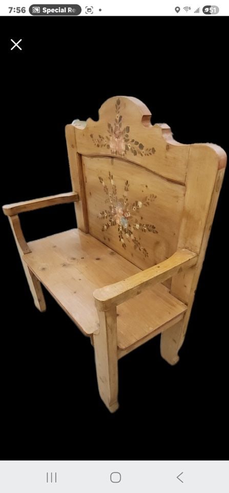 Vintage (likely) Scandinavian carved rustic country pine bench w/ hand-painted floral motif. (1 of 6)