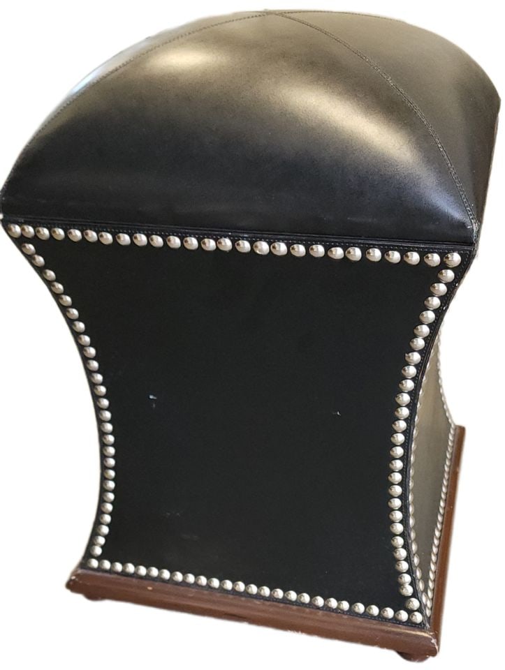 Stylish vintage leather storage ottoman or footstool w/nail head trim and wood base. (1 of 6)