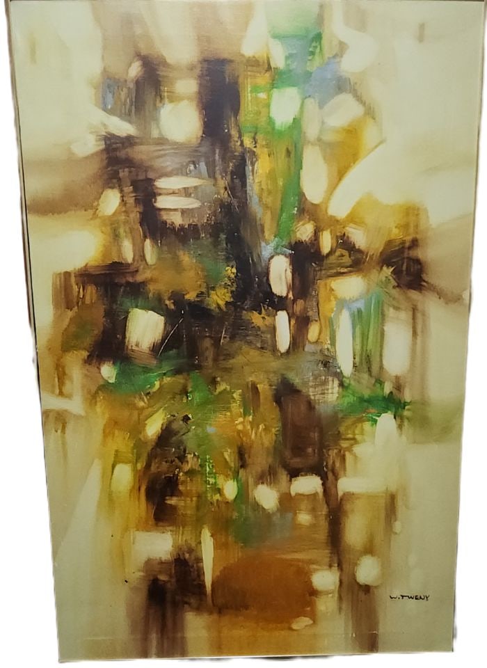 W.Tweny, 70s vintage 24"x36" mid-century abstract oil painting w/ splendidly complex color palette.: Vibrant abstract oil painting by W.Tweny. This 60s or 70s vintage, mid-century piece has an artistically dynamic mix of brown, green, and yellow tones. Comes with a gold finished metal frame. Signed b