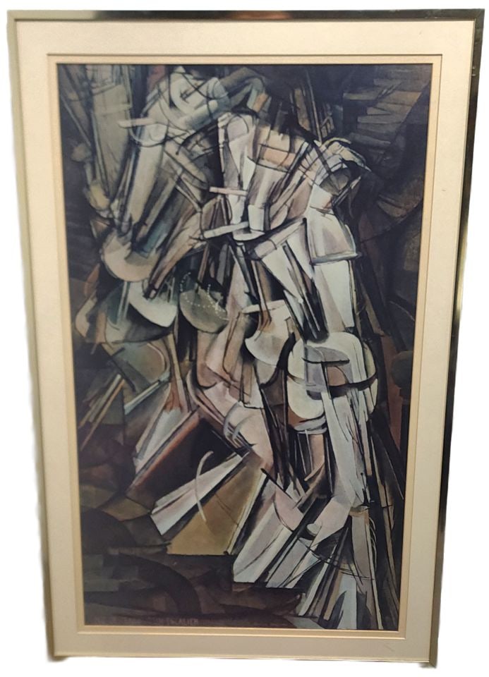 Vintage 24"x40" Lithographic Print of 1912 Nude Descending a Staircase #2 by Marcel Duchamp: This is a very high quality piece of artwork. Beautifully framed under non-glare glass and double-matted, the painting represented in the image is "Nude Descending a Staircase", No. 2, created by the 