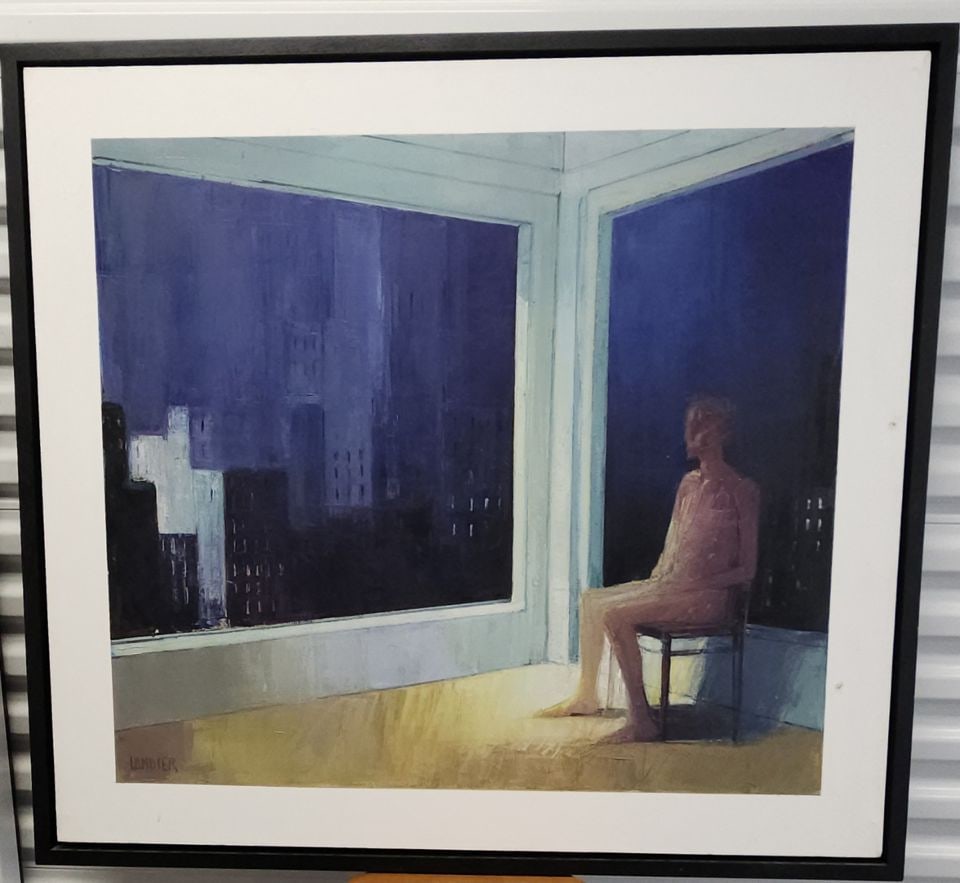 Landier captivating 42x36 original impressionist work w/ surreal images. Isolation or contemplation?: This is an original impasto style oil painting or fine art lithograph on museum paper, beautifully placed in a shadow box frame with solid wood board backing. Reserve: $750.00 Shipping: Domestic: Ship