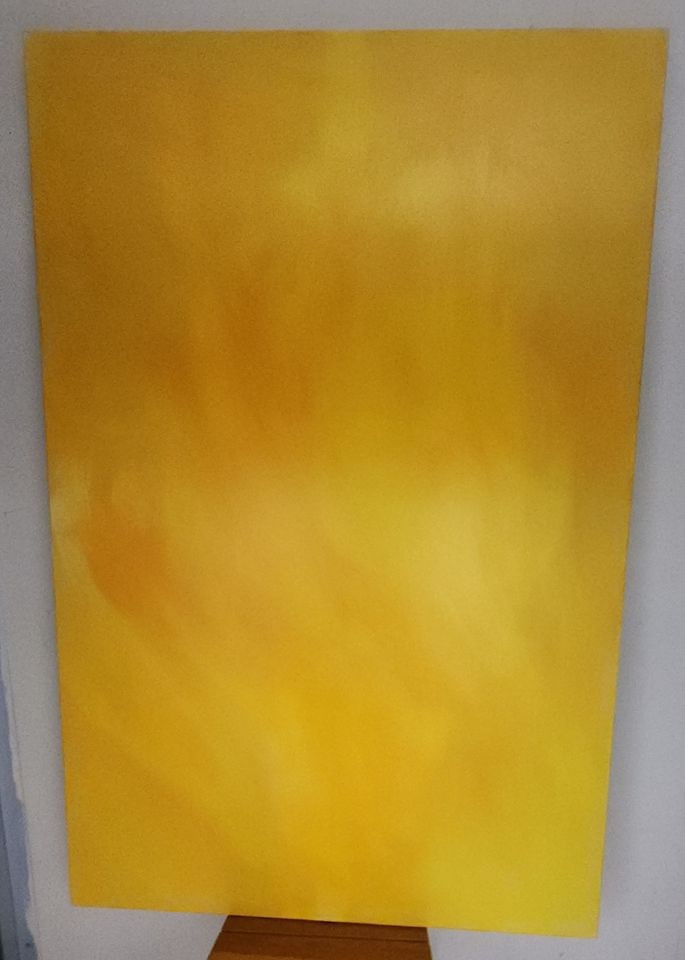 Large 60"x 40" masterful yellow/orange themed monochromatic abstract oil painting: Large 60"x 40" masterful yellow/orange themed monochromatic abstract oil painting Reserve: $750.00 Shipping: Domestic: Shipping rates are determined by destination International: Foreign shipping rate