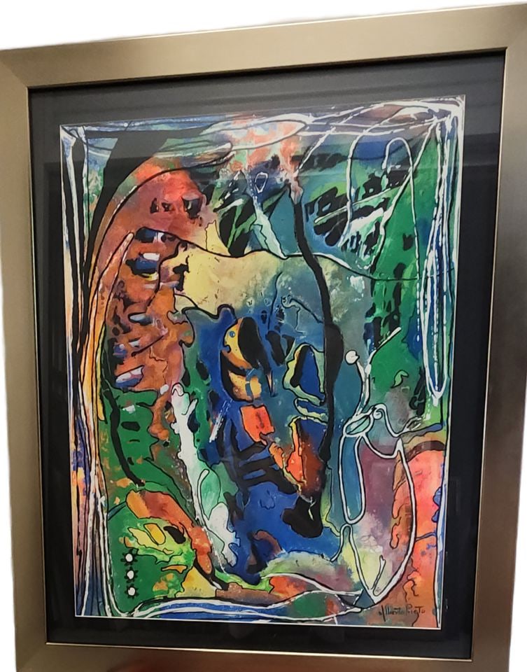 Alberto Prieto vibrant abstract expressionist oil painting w/ aquatic theme. Signed.: This original painting is beautifully framed under glass. 24 x 30 in Reserve: $600.00 Shipping: Domestic: Shipping rates are determined by destination International: Foreign shipping rates are determi