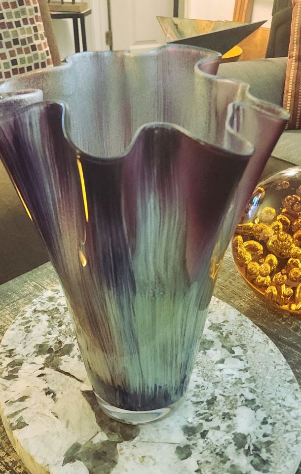 Stunning Murano Style Handkerchief Art Glass Vase w/ Blended Purple, Green & Gray Tones. 15"h: Hi-Style designer art glass vase. Ruffled top edge. Colors blend from deep purple to green, gray and lighter shades. Has a captivating streaked brushed look. Great piece for any home decor or your col