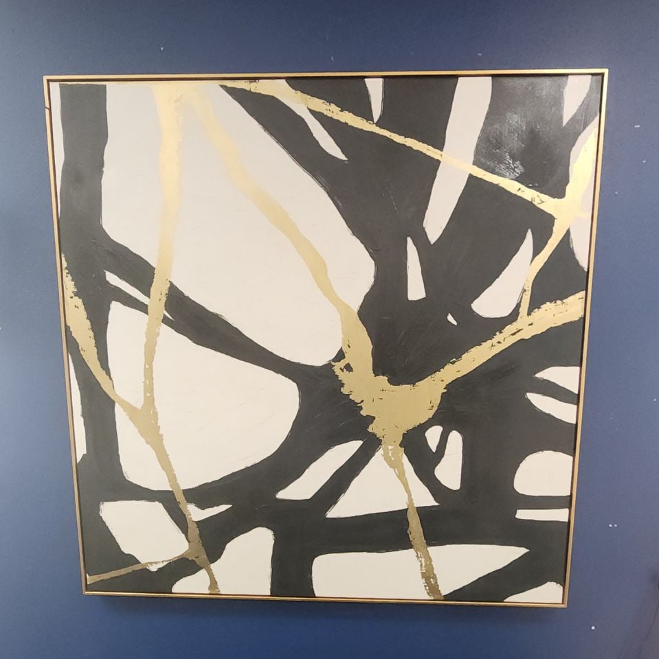 Captivating modern abstract 49"x49" hand-accented giclee painting printed on canvas w/ bold imagery.: Modern abstract enhanced giclee oil painting printed on canvas. Enhanced with impasto-style black and white brushstrokes with gold accents. Placed in a elegant gold frame. Makes a strong artistic stat