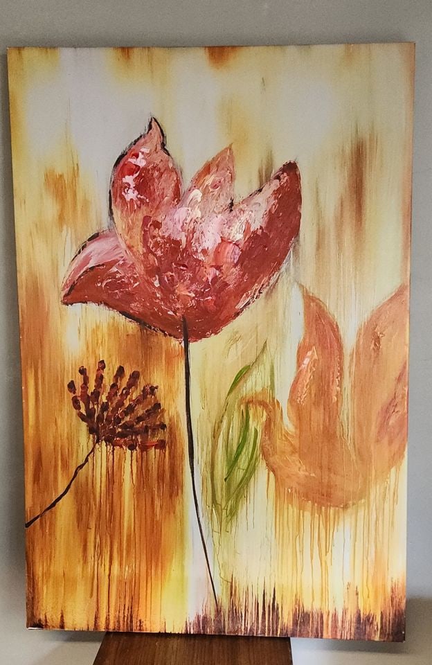 Striking minimalist vintage giclee painting on canvas of floral still life image.: Striking minimalist vintage giclee painting on canvas of floral still life image. Reserve: $50.00 Shipping: Domestic: Shipping rates are determined by destination International: Foreign shipping rates