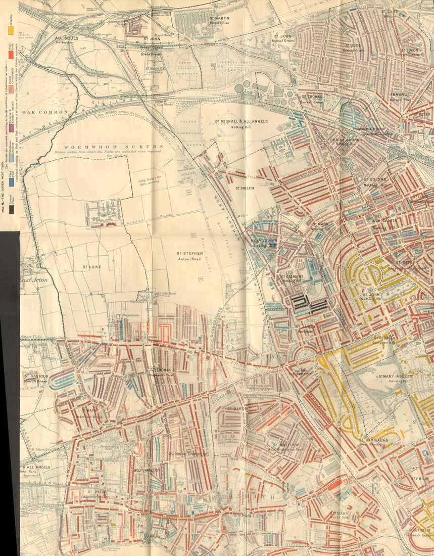 BOOTH POVERTY MAP Notting Hill Hammersmith Holland Park W Kensington 1902: Title: BOOTH POVERTY MAP Notting Hill Hammersmith Holland Park W Kensington 1902 Description: Map N - The Outer West (1900)'. Charles Booth was a philanthropist and social reformer. He was critical