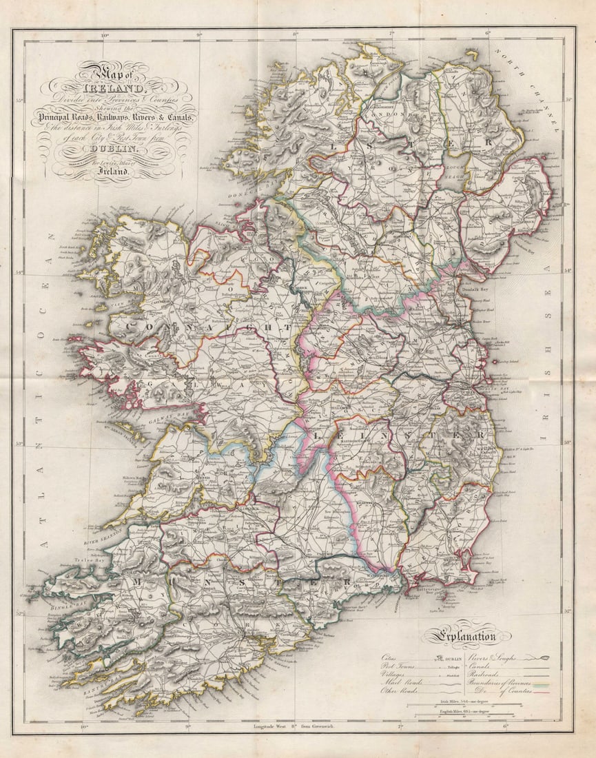 Map of Ireland, divided into provinces & counties…. LEWIS/CREIGHTON/DOWER 1846: Title: "Map of Ireland, divided into provinces & counties…". LEWIS/CREIGHTON/DOWER 1846 Description: Map of Ireland, divided into provinces and counties, shewing the principal roads, railways,