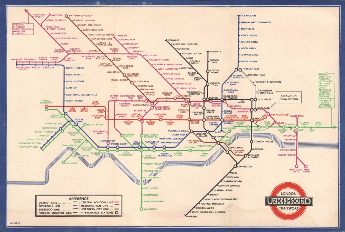 LONDON UNDERGROUND tube map diagram of lines. Middle Circle. HARRY BECK #2 1936: Title: LONDON UNDERGROUND tube map diagram of lines. Middle Circle. HARRY BECK #2 1936 Description: London Underground Transport - Railway Map No 2. 1936'. The escalator connection between Bank and Mo