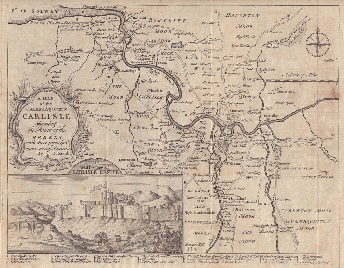 Countries adjacent to Carlisle shewing the Route of the Rebels. SMITH 1746 map: Title: Countries adjacent to Carlisle shewing the Route of the Rebels. SMITH 1746 map Description: A Map of the Countries Adjacent to Carlisle shewing the Route of the Rebels with their principal