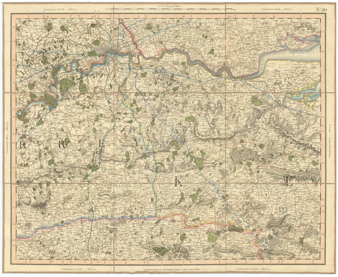 LONDON, THAMES ESTUARY, NORTH DOWNS & HIGH WEALD. W Kent, E Surrey CARY 1832 map (1 of 1)
