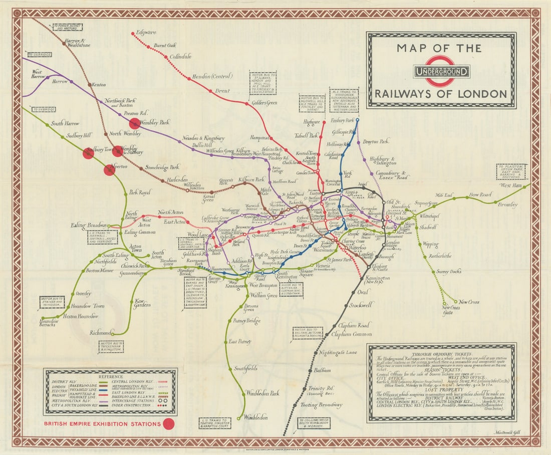 Map of the Underground Railways of London by Macdonald Gill. November 1923: Title: Map of the Underground Railways of London by Macdonald Gill. November 1923 Description: Map of the Underground Railways of London. What to See and How to Travel - Map of the Electric Railways