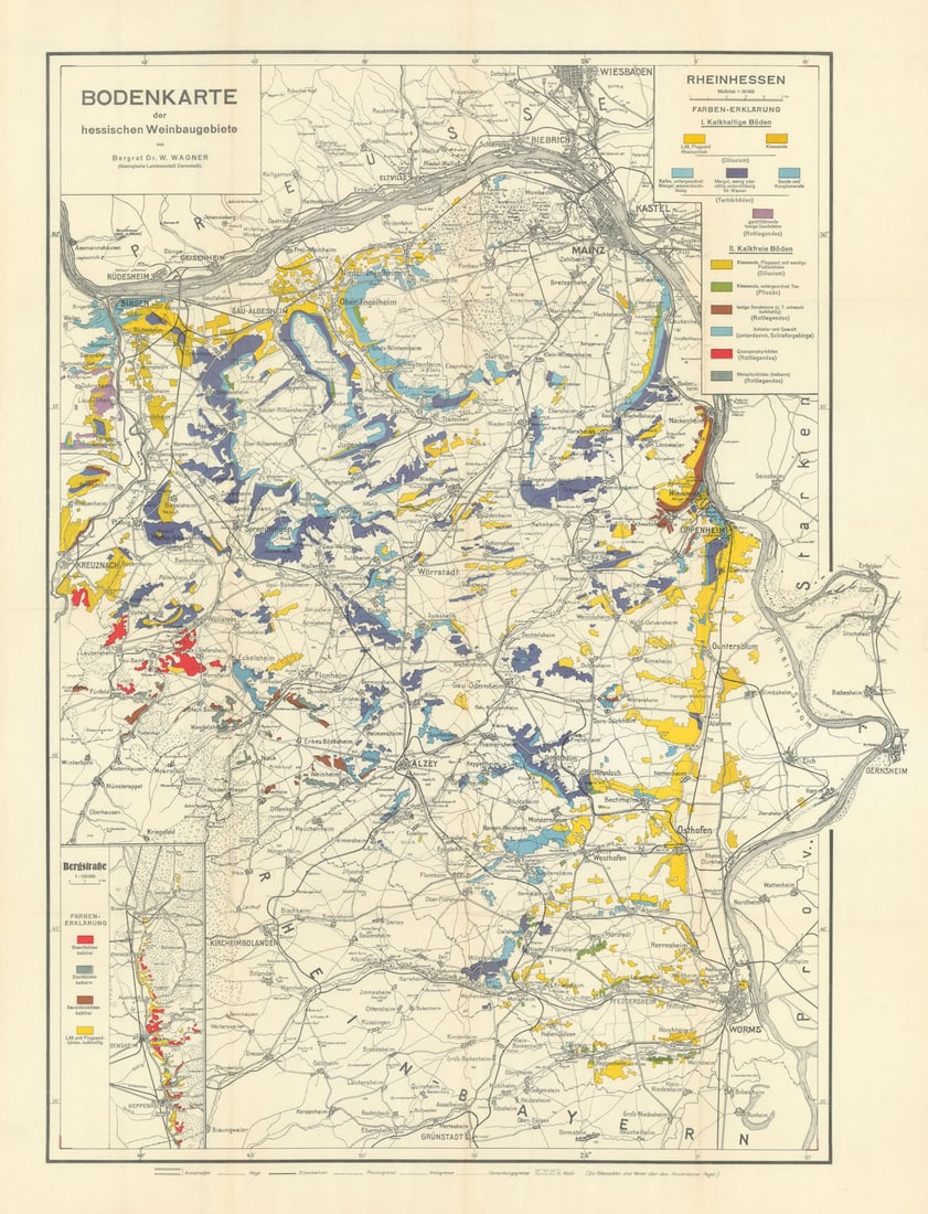Bodenkarte der hessischen Weinbaugebiete. Rhine wine soil map WAGNER 1927: Title: Bodenkarte der hessischen Weinbaugebiete. Rhine wine soil map WAGNER 1927 Description: Bodenkarte der hessischen Weinbaugebiete - Rheinhessen // Bergstrasse [Soil map of the Hessian