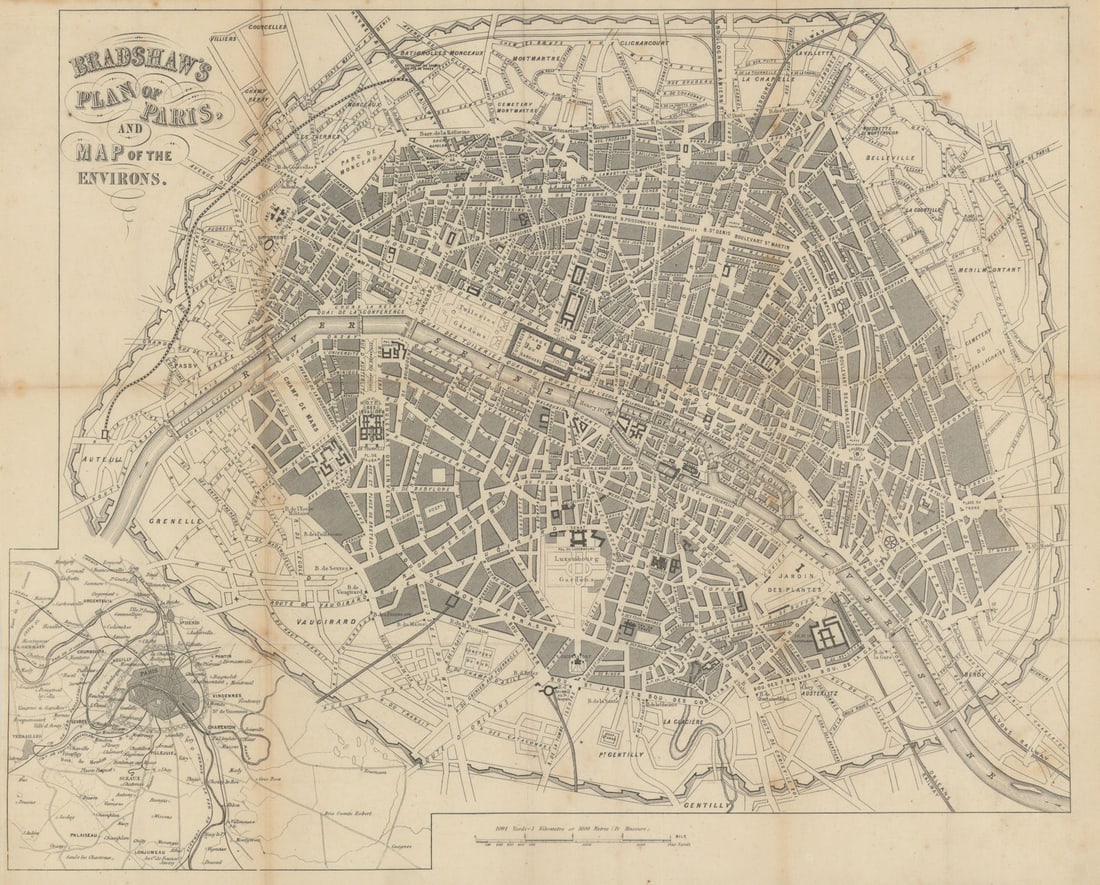 Bradshaw's town city plan of Paris and map of environs. BRADSHAW c1853 old (1 of 1)