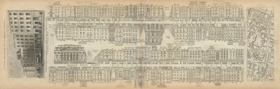 Tallis London Street View #38 Cheapside (East), Poultry & Mansion House 1839 map: Title: Tallis London Street View #38 Cheapside (East), Poultry & Mansion House 1839 map Description: [Part 38] Cheapside (East), Poultry and Mansion House Street [Cross streets: Bucklersbury, Queen St