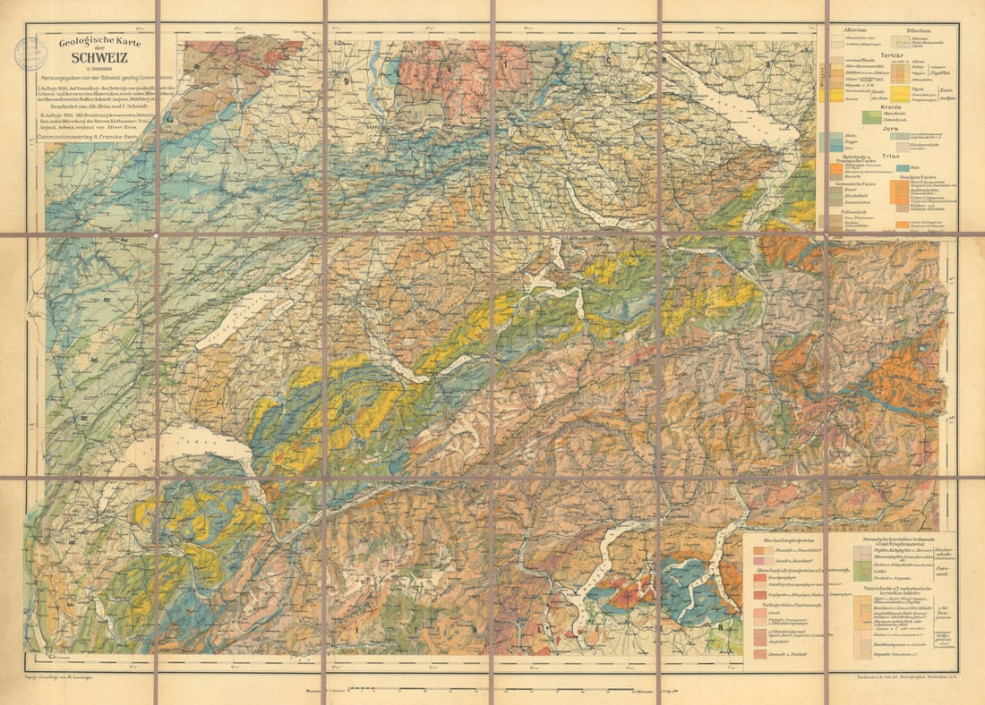 Geologische Karte der Schweiz. SCNAT. Geological map of Switzerland 54x76cm 1912: Title: Geologische Karte der Schweiz. SCNAT. Geological map of Switzerland 54x76cm 1912 Description: Geologische Karte der Schweiz. I. Auflage 1894. Auf Grundlage der "Beiträge zur geolog. Karte 
