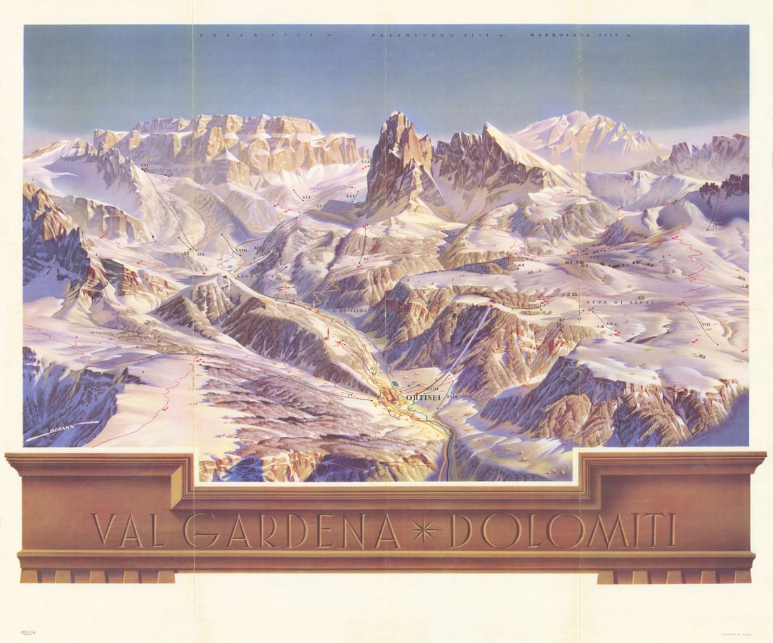 Ortisei/Urtijëi Val Gardena Dolomiti. Heinrich Berann panorama & piste map c1956 (1 of 1)
