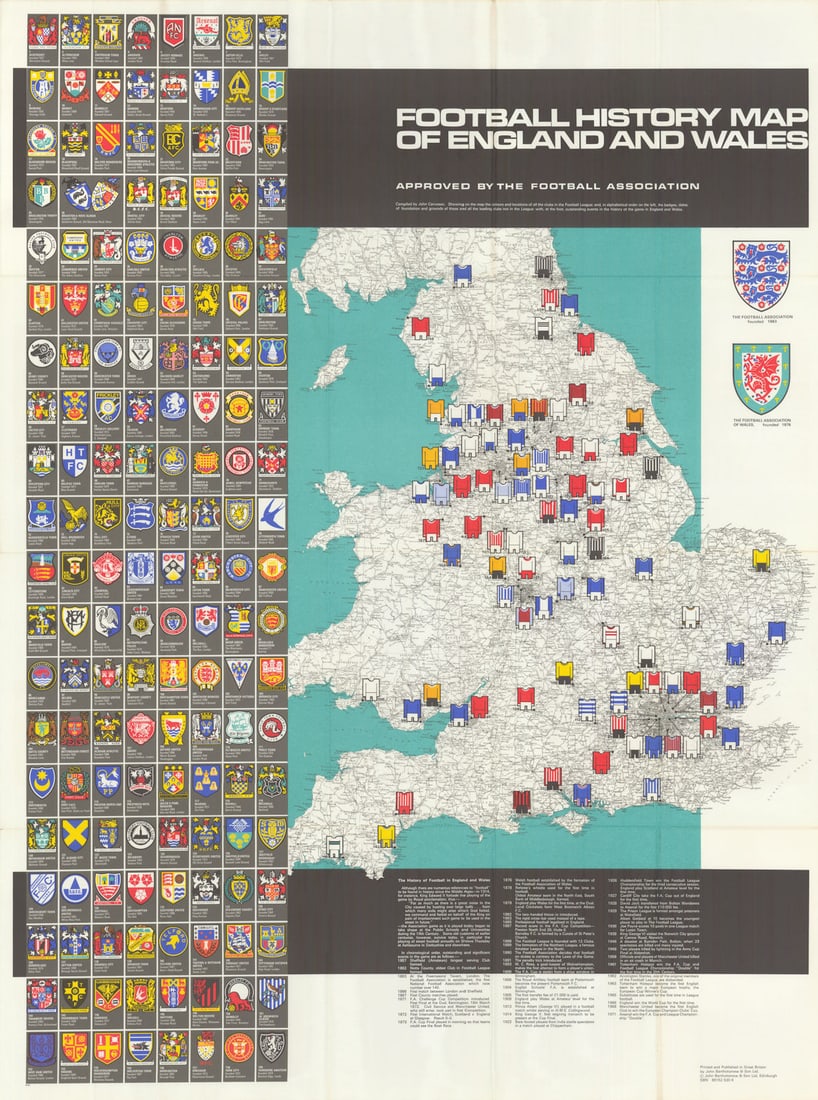 Football History Map of England & Wales. Football heritage map. 75x100cm 1971 (1 of 1)