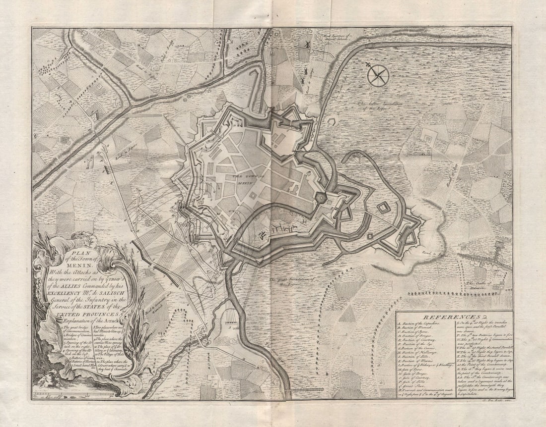 Plan of the town of Menin. Siege of Menen, Belgium 1706. DU BOSC 1737 map: Title: "Plan of the town of Menin". Siege of Menen, Belgium 1706. DU BOSC 1737 map Description: Plan of the town of Menin, with the attacks as they were carried on by ye troops of the Allies commanded