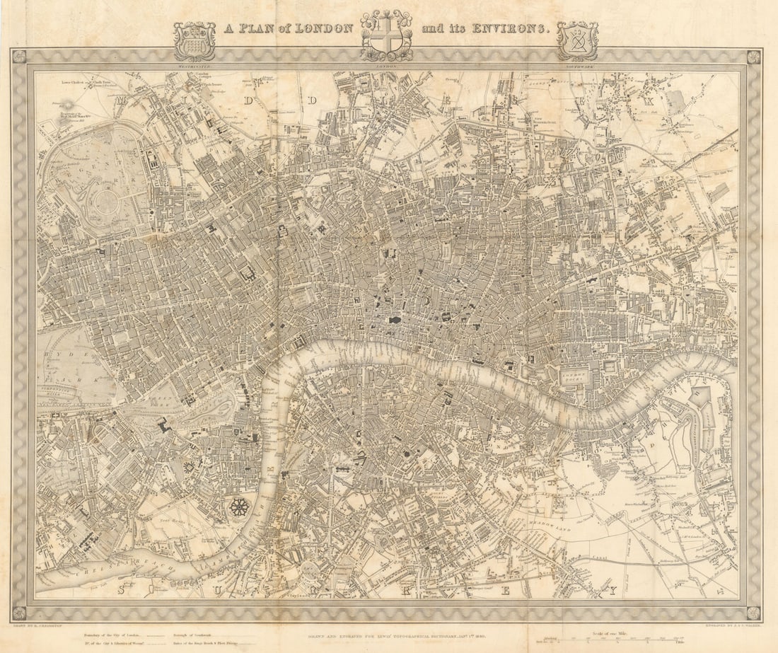 A plan of London and its environs by WALKER and CREIGHTON for LEWIS c1840 map: Title: "A plan of London and its environs" by WALKER and CREIGHTON for LEWIS c1840 map Description: A plan of London and its environs'. The legend of this fascinating map delineates the boundaries of 