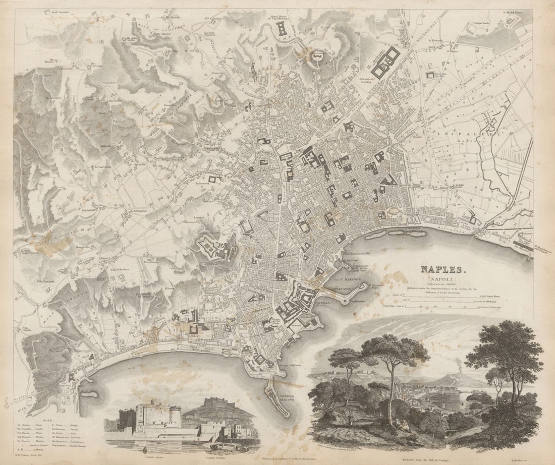 NAPLES NAPOLI antique town city map plan & view. Castello St Elmo. SDUK 1844 (1 of 1)