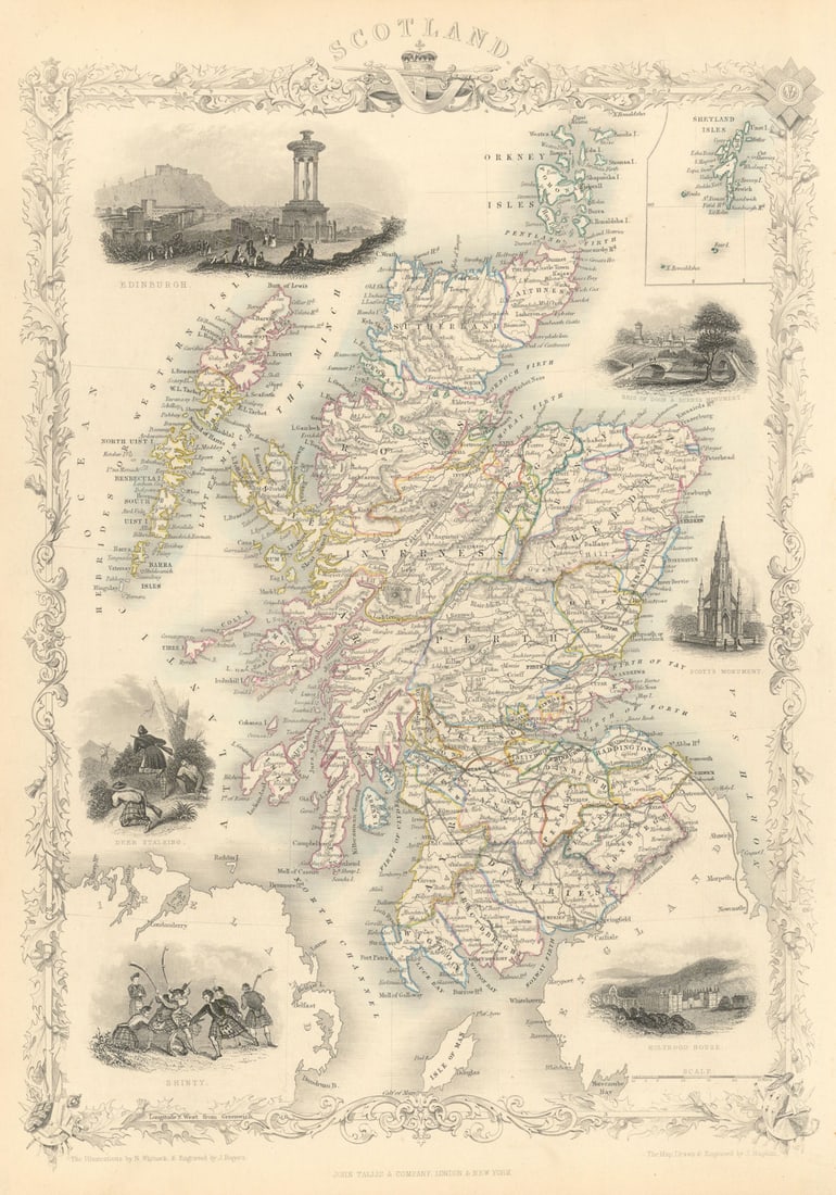 SCOTLAND Edinburgh, Holyrood & Shinty views. Counties. TALLIS & RAPKIN 1851 map: Title: SCOTLAND Edinburgh, Holyrood & Shinty views. Counties. TALLIS & RAPKIN 1851 map Description: Scotland'. Vignettes: Edinburgh; Brig of Doon & Burns's Monument; Scott's Monument; Holyrood Hou