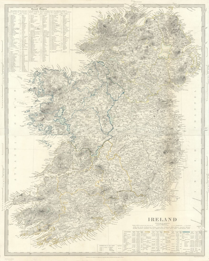 IRELAND on 2 sheets conjoined 62x50 cm. Round towers Cloigthithe. SDUK 1844 map (1 of 1)