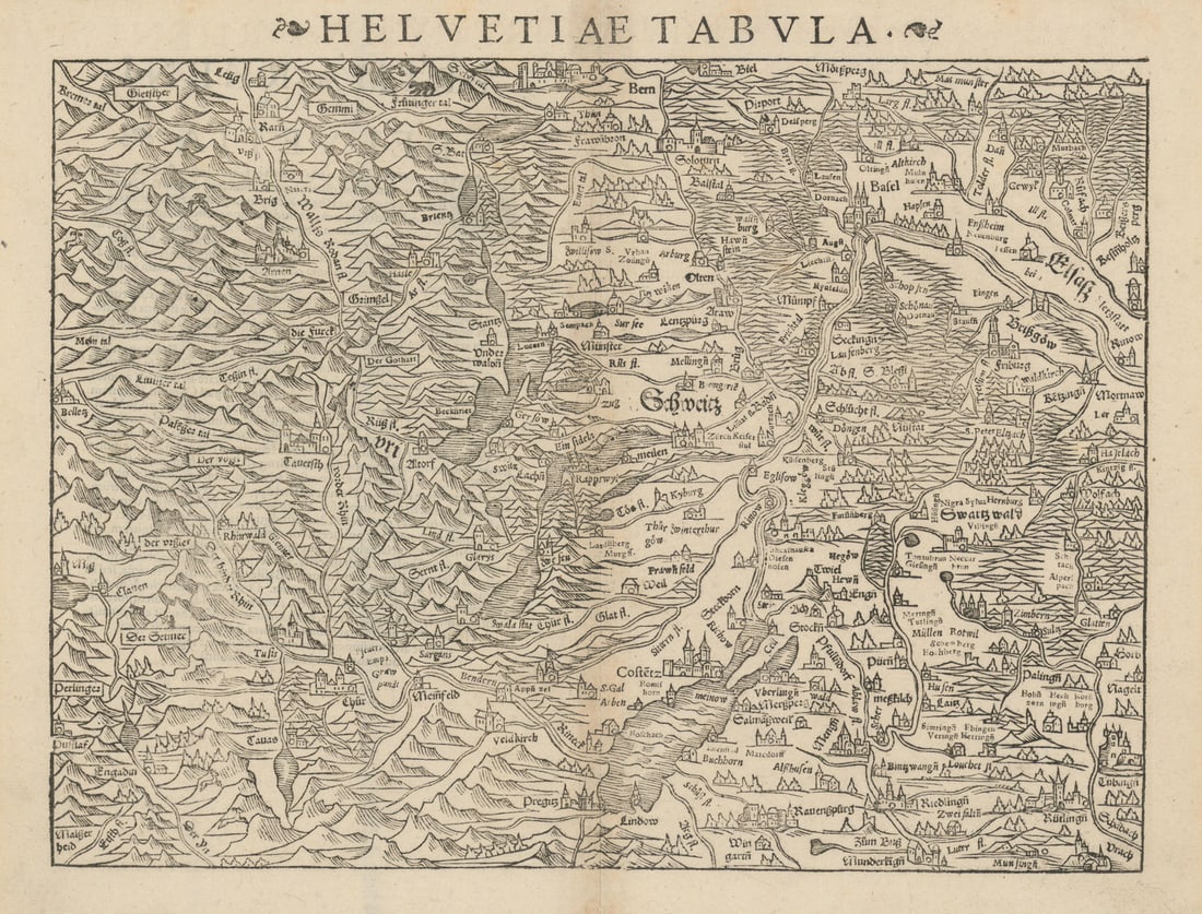 Helvetiae Tabula. Switzerland. Orientated west. SEBASTIAN MÜNSTER 1572 old map (1 of 1)